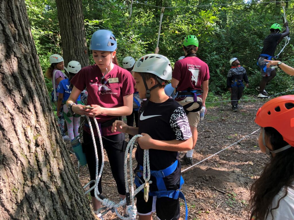 A group of people in helmets and ropes near trees.